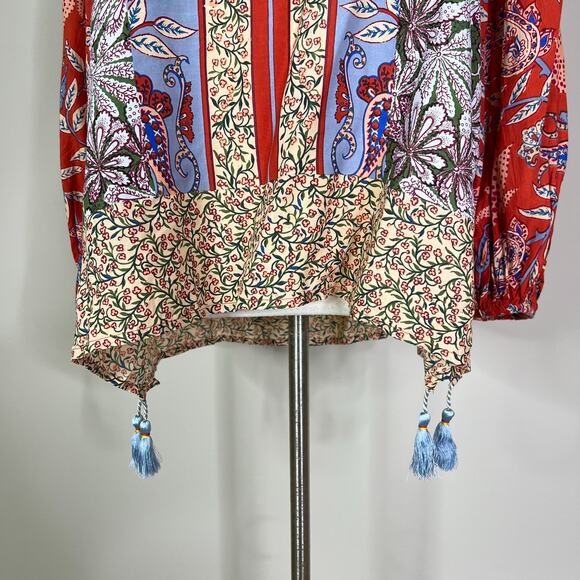 Anthropologie | Sonrisa Paisley Floral Red Blue Tassel Balloon Sleeve Blouse Top - Picture 3 of 9